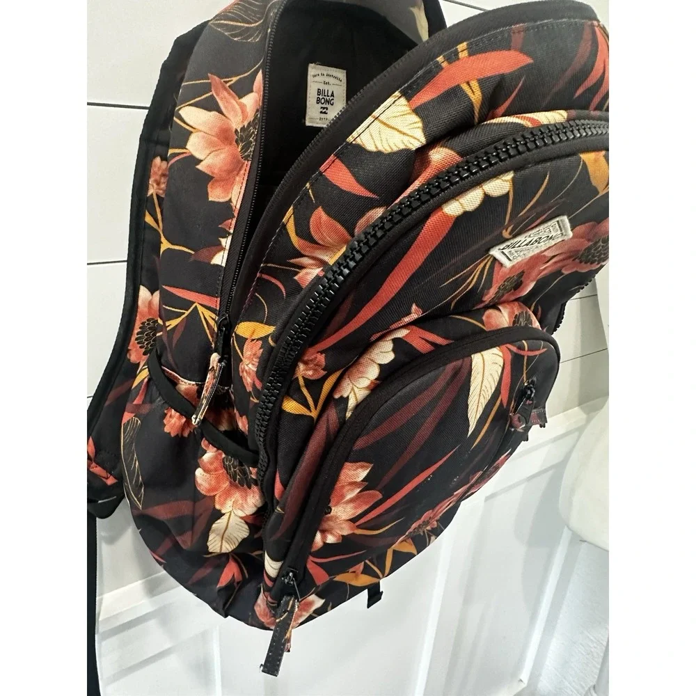 Billabong Roadie Black & Orange Tropical Floral Print Large Backpack 18